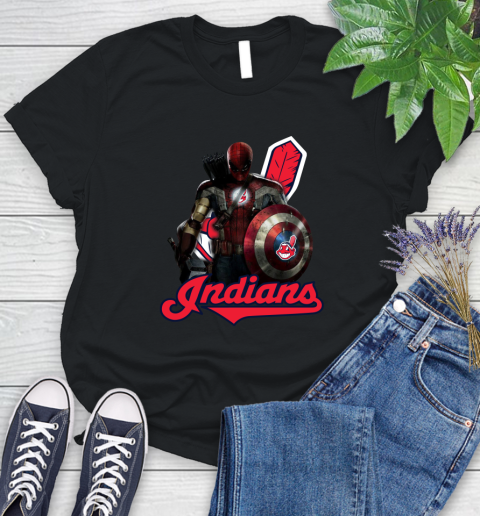 MLB Captain America Thor Spider Man Hawkeye Avengers Endgame Baseball Cleveland Indians Women's T-Shirt 2