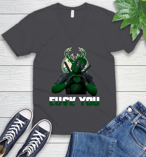 NBA Milwaukee Bucks Deadpool Love You Fuck You Basketball Sports V-Neck T-Shirt 4
