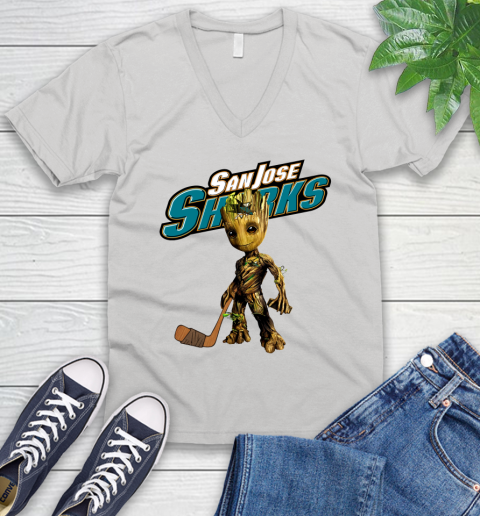 San Jose Sharks NHL Hockey Groot Marvel Guardians Of The Galaxy V-Neck T-Shirt