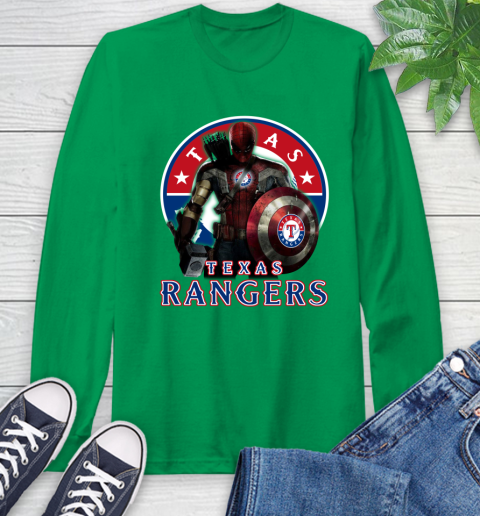 MLB Captain America Thor Spider Man Hawkeye Avengers Endgame Baseball Texas Rangers Long Sleeve T-Shirt 7