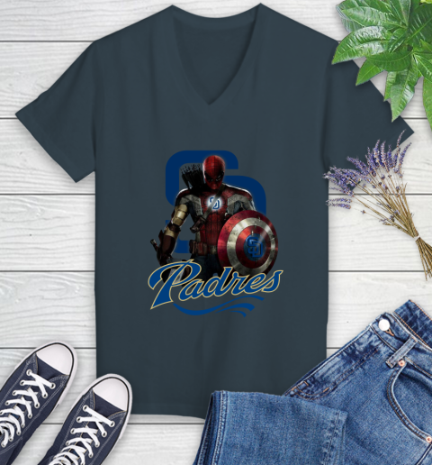 MLB Captain America Thor Spider Man Hawkeye Avengers Endgame Baseball San Diego Padres Women's V-Neck T-Shirt 8