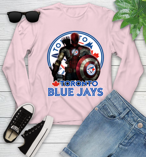 MLB Captain America Thor Spider Man Hawkeye Avengers Endgame Baseball Toronto Blue Jays Youth Long Sleeve 10