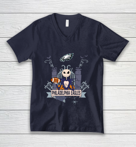 NFL Philadelphia Eagles Football Jack Skellington Halloween V-Neck T-Shirt 2