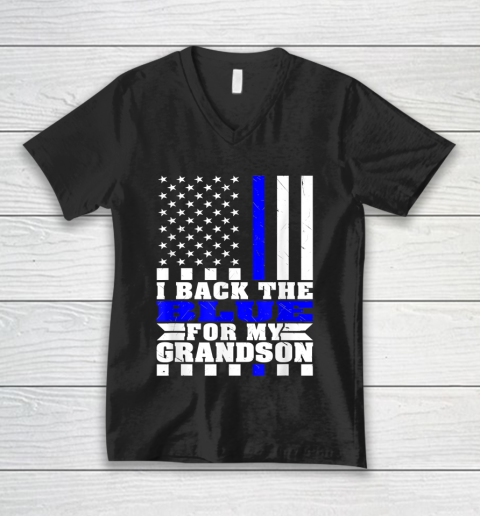 I Back The Blue For My Grandson Proud Police Grandma Grandpa Thin Blue Line V-Neck T-Shirt