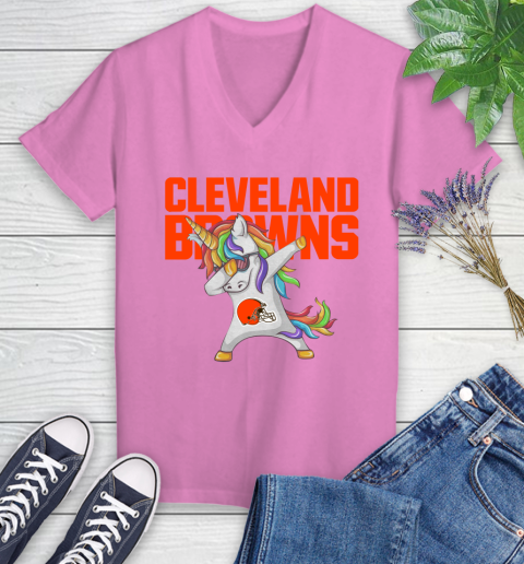 Cleveland Browns NFL Football Funny Unicorn Dabbing Sports Women's V-Neck T-Shirt 14