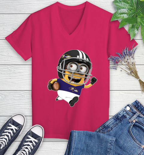 NFL Baltimore Ravens Minions Disney Football Sports Women's V-Neck T-Shirt 9