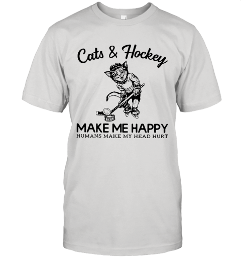 Cat And Hockey Make Me Happy Humans Make My Head Hurt Unisex Jersey Tee
