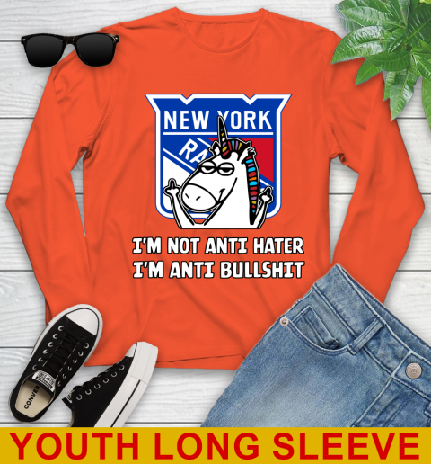New York Rangers NHL Hockey Unicorn I'm Not Anti Hater I'm Anti Bullshit Youth Long Sleeve 4