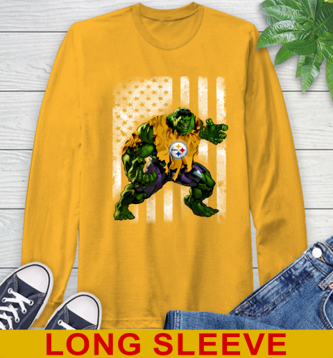 Pittsburgh Steelers Hulk Marvel Avengers NFL Football American Flag Long Sleeve T-Shirt 2