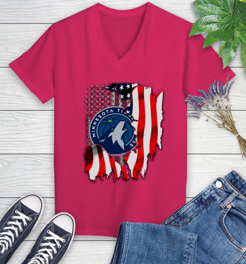 Minnesota Timberwolves NBA Basketball American Flag Women's V-Neck T-Shirt 9