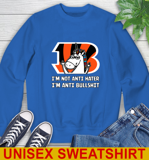 Cincinnati Bengals NFL Football Unicorn I'm Not Anti Hater I'm Anti Bullshit Sweatshirt 9