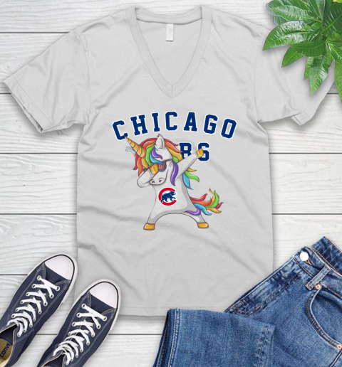 Chicago Cubs MLB Baseball Funny Unicorn Dabbing Sports V-Neck T-Shirt