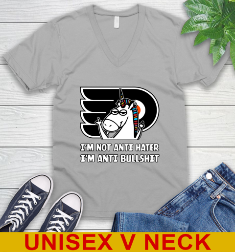 Philadelphia Flyers NHL Hockey Unicorn I'm Not Anti Hater I'm Anti Bullshit V-Neck T-Shirt 4