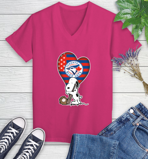 Toronto Blue Jays MLB Baseball The Peanuts Movie Adorable Snoopy Women's V-Neck T-Shirt 9