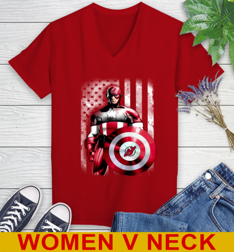 New Jersey Devils NHL Hockey Captain America Marvel Avengers American Flag Shirt Women's V-Neck T-Shirt - Image 11