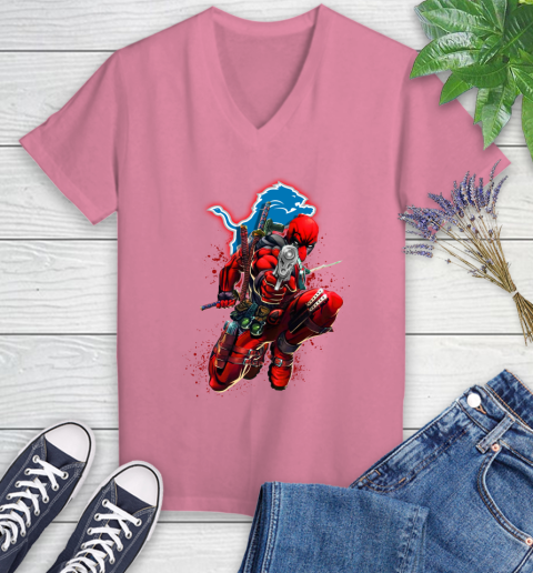 NFL Deadpool Marvel Comics Sports Football Detroit Lions Women's V-Neck T-Shirt 13