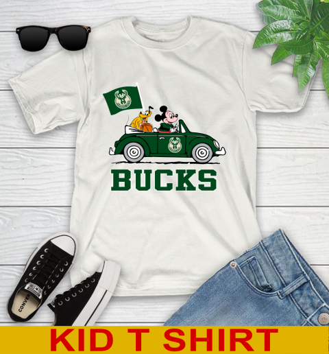 NBA Basketball Milwaukee Bucks Pluto Mickey Driving Disney Shirt Youth T-Shirt