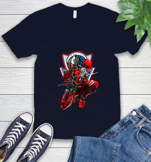 NBA Deadpool Marvel Comics Sports Basketball Dallas Mavericks V-Neck T-Shirt 3