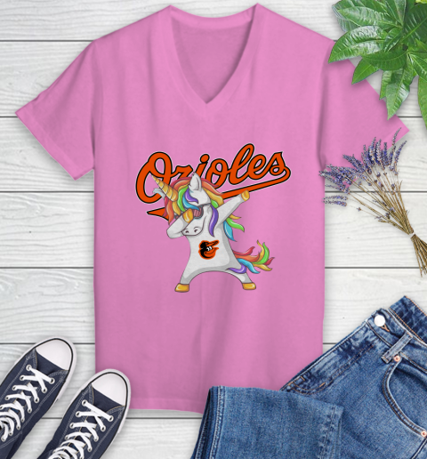 Baltimore Orioles MLB Baseball Funny Unicorn Dabbing Sports Women's V-Neck T-Shirt 14