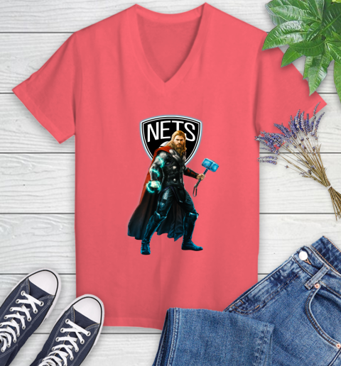 NBA Thor Avengers Endgame Basketball Brooklyn Nets Women's V-Neck T-Shirt 6
