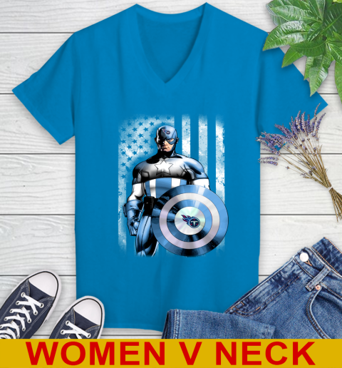 Tennessee Titans NFL Football Captain America Marvel Avengers American Flag Shirt Women's V-Neck T-Shirt 7