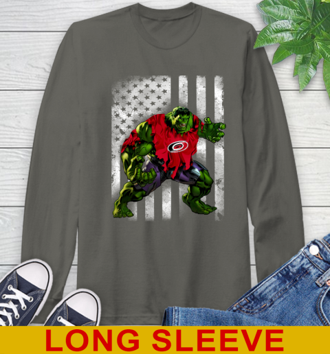 Carolina Hurricanes Hulk Marvel Avengers NHL Hockey American Flag Long Sleeve T-Shirt 10