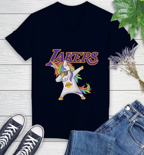 Los Angeles Lakers NBA Basketball Funny Unicorn Dabbing Sports Women's V-Neck T-Shirt 3