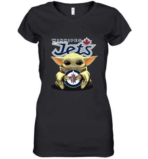 Baby Yoda Hugs The Winnipeg Jets Ice Hockey Women's V-Neck T-Shirt