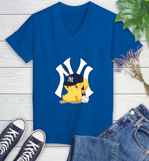 MLB Pikachu Baseball Sports New York Yankees Women's V-Neck T-Shirt 10
