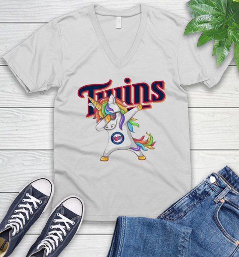 Minnesota Twins MLB Baseball Funny Unicorn Dabbing Sports V-Neck T-Shirt