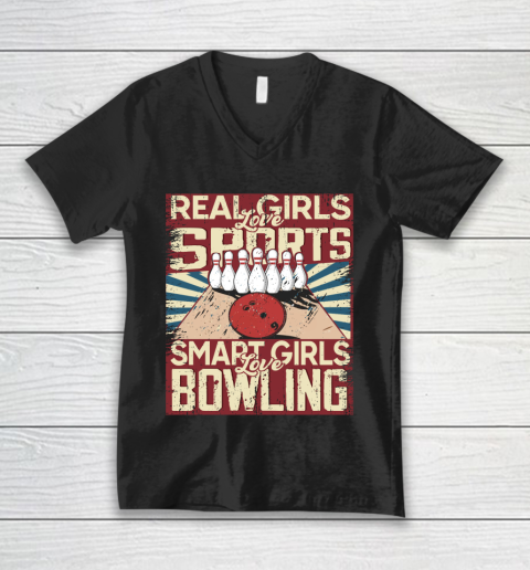 Real girls love sports smart girls love Bowling V-Neck T-Shirt