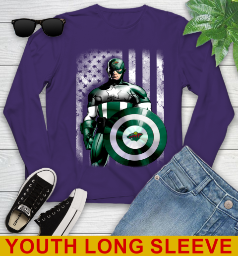 Minnesota Wild NHL Hockey Captain America Marvel Avengers American Flag Shirt Youth Long Sleeve 4