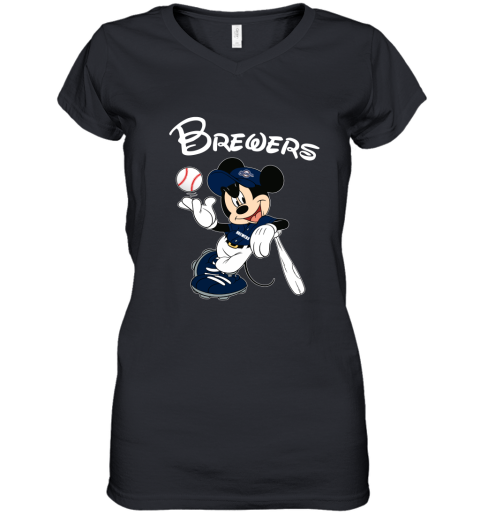 Baseball Mickey Team Milwaukee Brewers Women's V-Neck T-Shirt