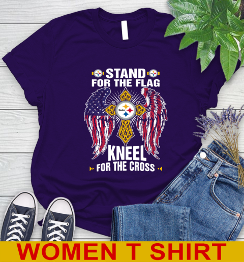 NFL Football Pittsburgh Steelers Stand For Flag Kneel For The Cross Shirt Women's T-Shirt - Image 5