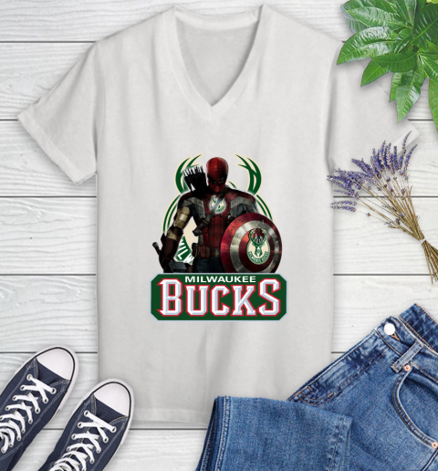 Milwaukee Bucks NBA Basketball Captain America Thor Spider Man Hawkeye Avengers Women's V-Neck T-Shirt