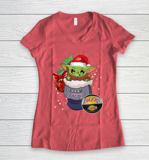 Los Angeles Lakers Christmas Baby Yoda Star Wars Funny Happy NBA Women's V-Neck T-Shirt 6