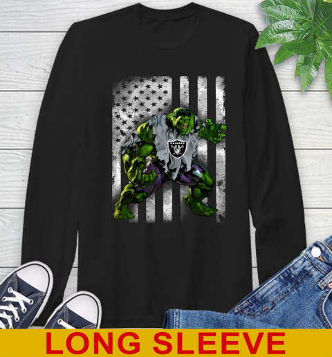 Oakland Raiders Hulk Marvel Avengers NFL Football American Flag Long Sleeve T-Shirt
