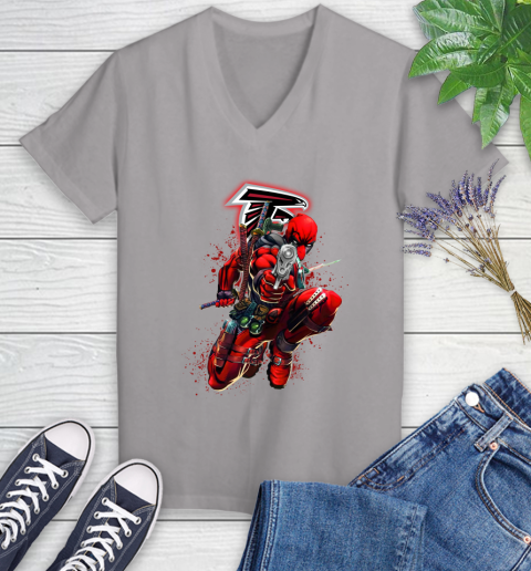 NFL Deadpool Marvel Comics Sports Football Atlanta Falcons Women's V-Neck T-Shirt 4