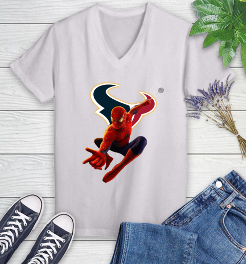 NFL Spider Man Avengers Endgame Football Houston Texans Women's V-Neck T-Shirt