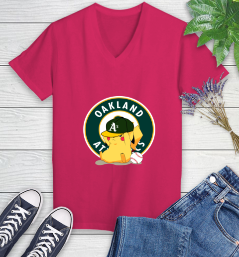 MLB Pikachu Baseball Sports Oakland Athletics Women's V-Neck T-Shirt 9