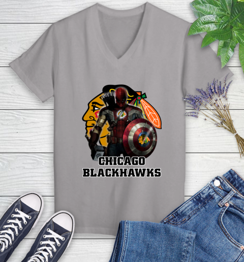NHL Captain America Thor Spider Man Hawkeye Avengers Endgame Hockey Chicago Blackhawks Women's V-Neck T-Shirt 4