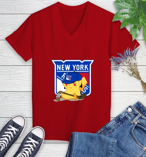 NHL Pikachu Hockey Sports New York Rangers Women's V-Neck T-Shirt 12