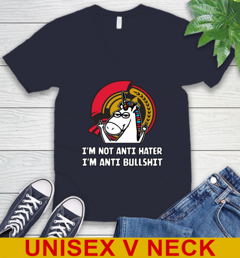 Ottawa Senators NHL Hockey Unicorn I'm Not Anti Hater I'm Anti Bullshit V-Neck T-Shirt 3