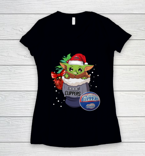 LA Clippers Christmas Baby Yoda Star Wars Funny Happy NBA Women's V-Neck T-Shirt