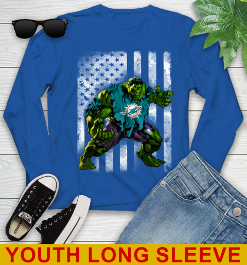Miami Dolphins Hulk Marvel Avengers NFL Football American Flag Youth Long Sleeve 10
