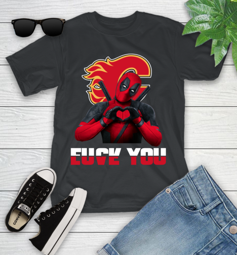 NHL Calgary Flames Deadpool Love You Fuck You Hockey Sports Youth T-Shirt 1