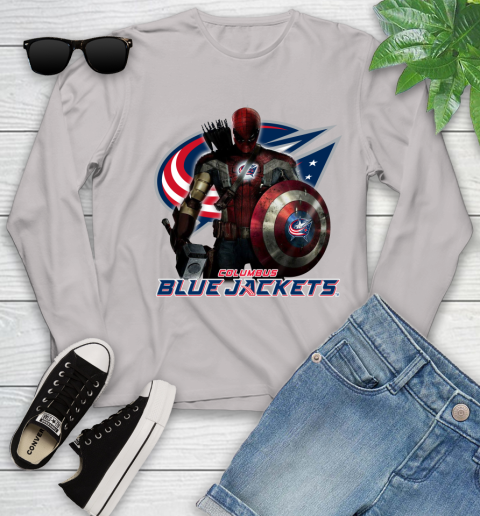 NHL Captain America Thor Spider Man Hawkeye Avengers Endgame Hockey Columbus Blue Jackets Youth Long Sleeve 12