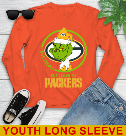 Green Bay Packers NFL Christmas Grinch I Hate People But I Love My Favorite Football Team Youth Long Sleeve 4
