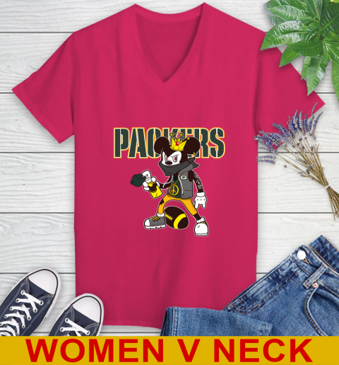 Green Bay Packers NFL Football Mickey Peace Sign Sports Women's V-Neck T-Shirt 10