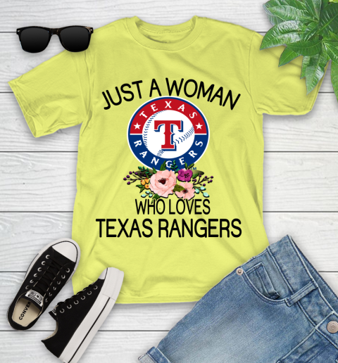 MLB Just A Woman Who Loves Texas Rangers Baseball Sports Youth T-Shirt 5